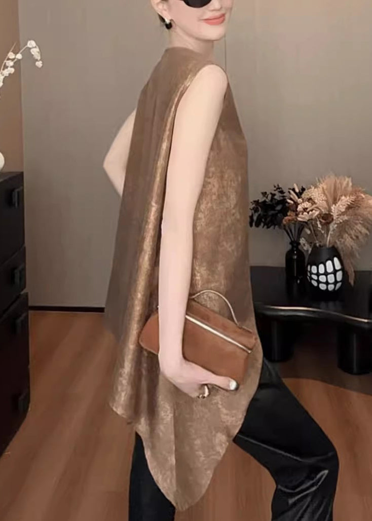 Khaki V Neck Asymmetrical Silk Tank Sleeveless