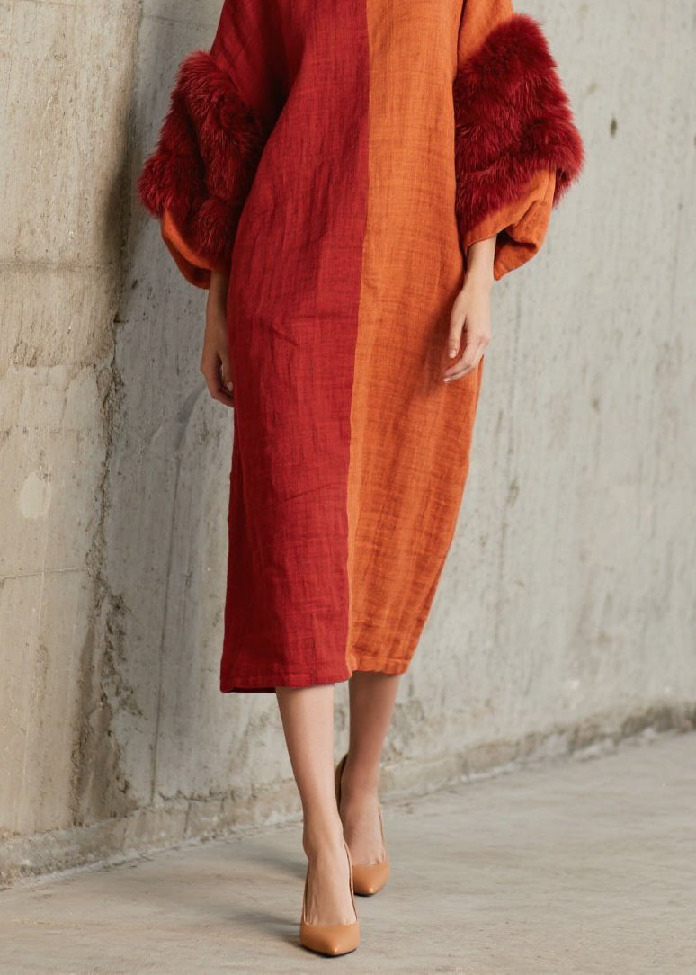 Colorblock O Neck Fuzzy Fur Fluffy Patchwork Cotton Dress Fall