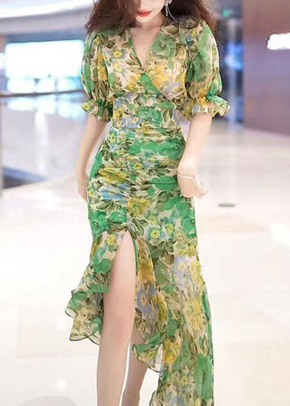Green V Neck Print Patchwork Chiffon Long Dress Summer