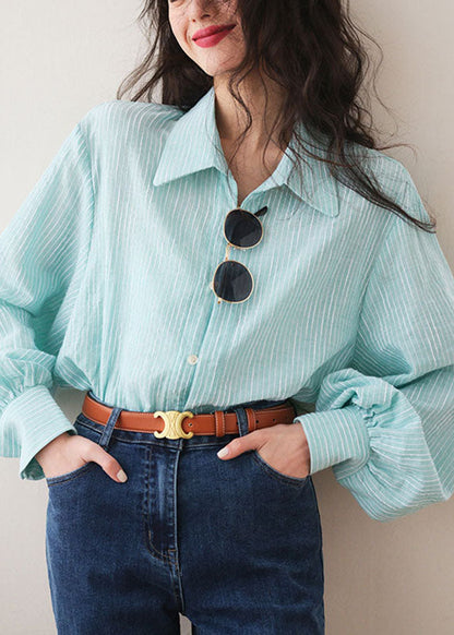 Blue Striped Peter Pan Collar Shirt Lantern Sleeve
