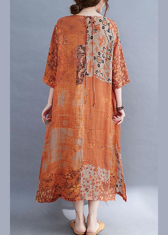 Purple Block Loose O-neck Print Summer Side Open Dress Half Sleeve
