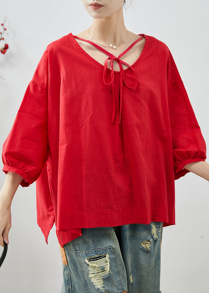 Red Oversized Cotton Shirt Tops Bracelet Sleeve