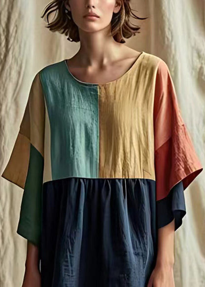 Navy O Neck Patchwork Linen Dress Half Sleeve