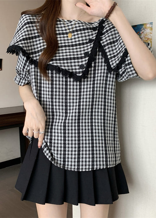 Grey Asymmetrical Plaid Cotton Shirts Summer
