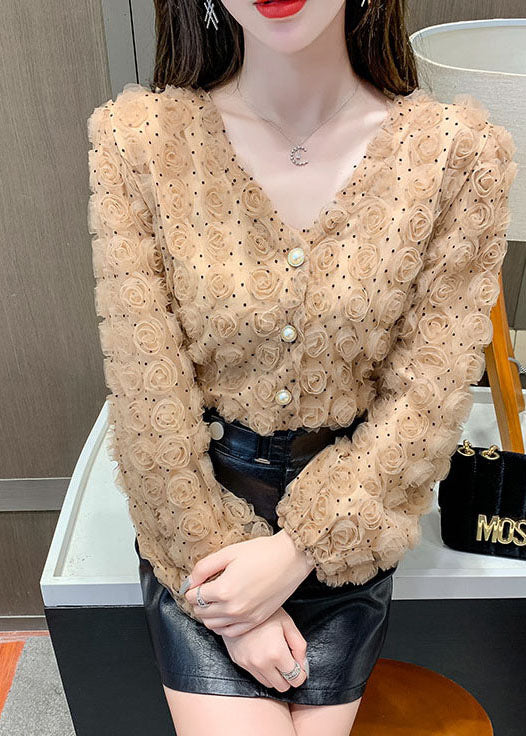 Chocolate Button Loose Tops V Neck Long Sleeve