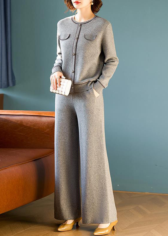 Grey O Neck Tops and Pants Wool Two Pieces Set Spring