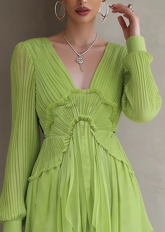 Green Patchwork Wrinkled Mid Dresses Lantern Sleeve
