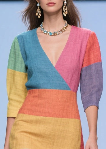 Italian Multicolored Asymmetrical Patchwork Linen Silk Dress Summer