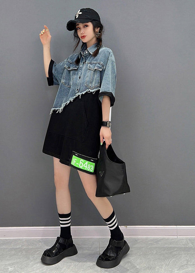 Diy Blue Peter Pan Collar Asymmetrical Denim Patchwork Button Pockets Dress Short Sleeve