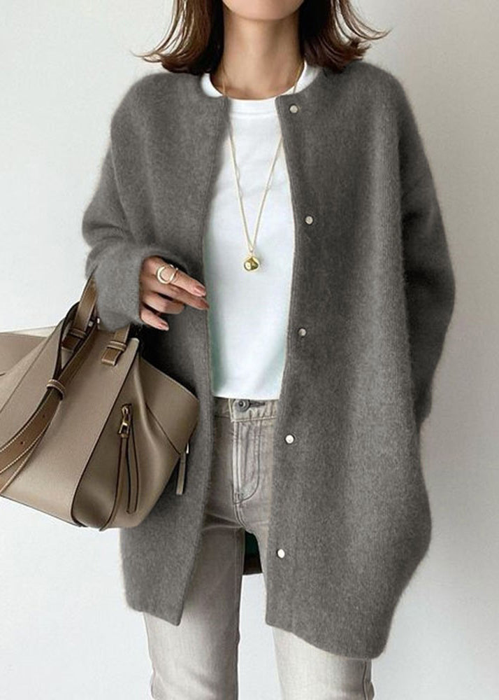 Loose Coffee O Neck Button Woolen Coat Spring