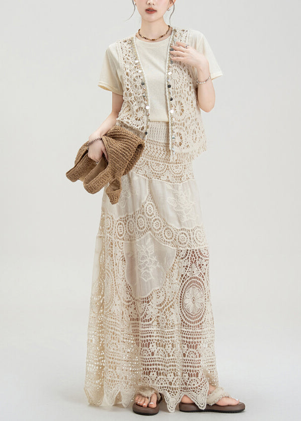 Apricot Hollow Hook Flower Vest T-shirt Skirt Set Summer