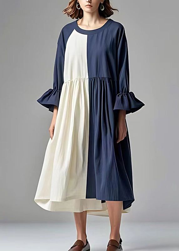 Navy Oversized Patchwork Cotton Pleated Dress Flare Sleeve