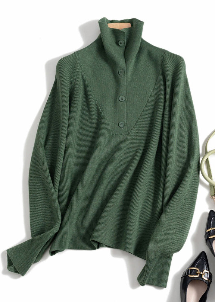 Simple Green Button Wool Knit Top Spring