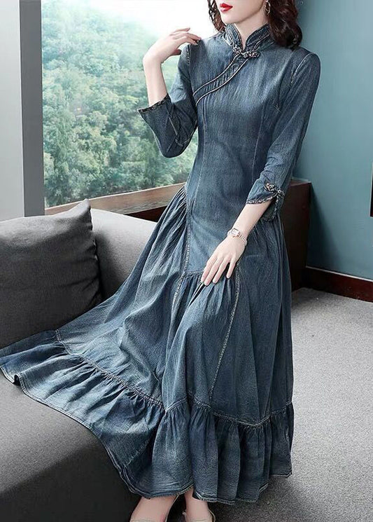 Navy Stand Collar Asymmetrical Design Ruffles Cotton Denim Dresses Long Sleeve