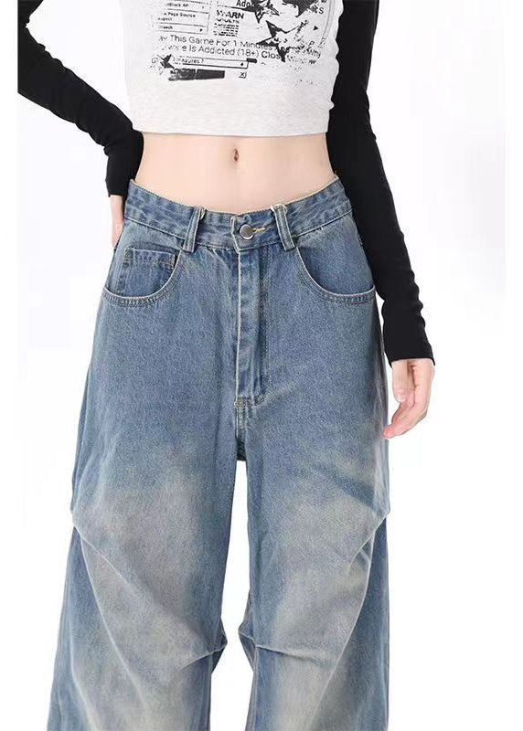 Blue Pockets Wrinkled Denim Wide Leg Pants Spring
