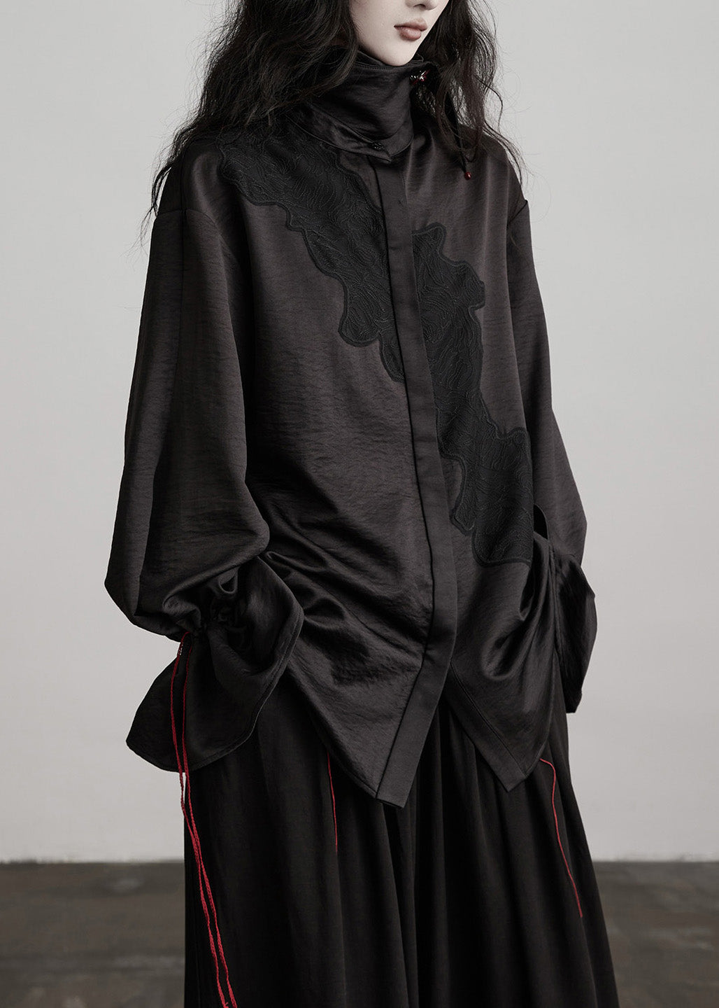 Black Peter Pan Collar Drawstring Patchwork Silk Blouses Fall