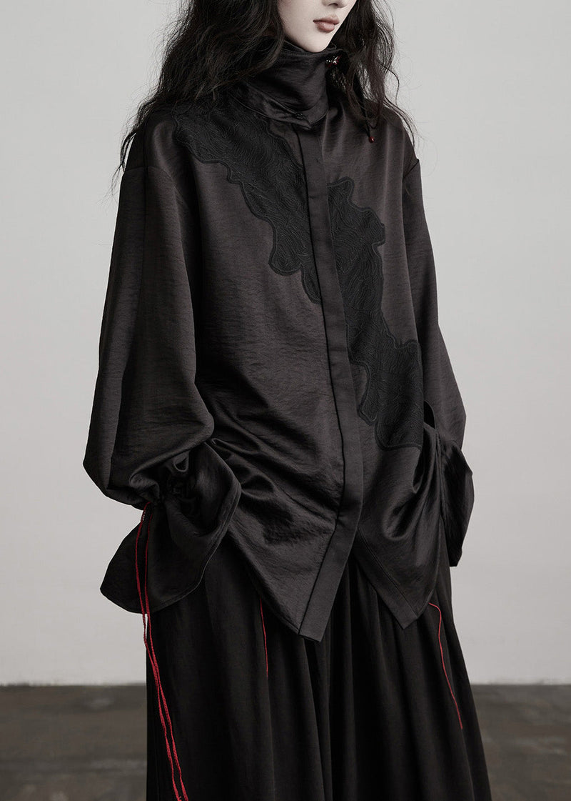 Black Peter Pan Collar Drawstring Patchwork Silk Blouses Fall