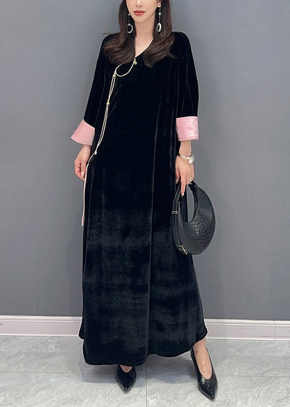 Black Lace Up Side Open Patchwork Velour Long Dress Fall