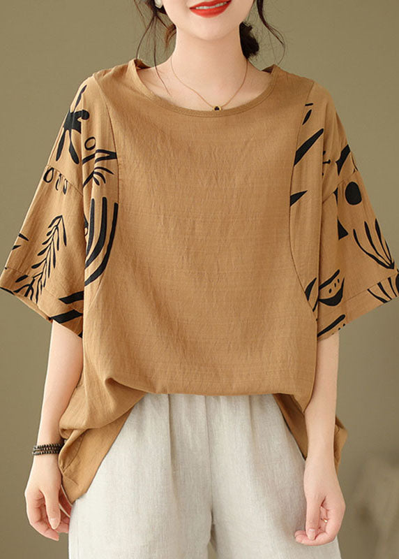 Coffee O-neck Print Cozy Top Summer