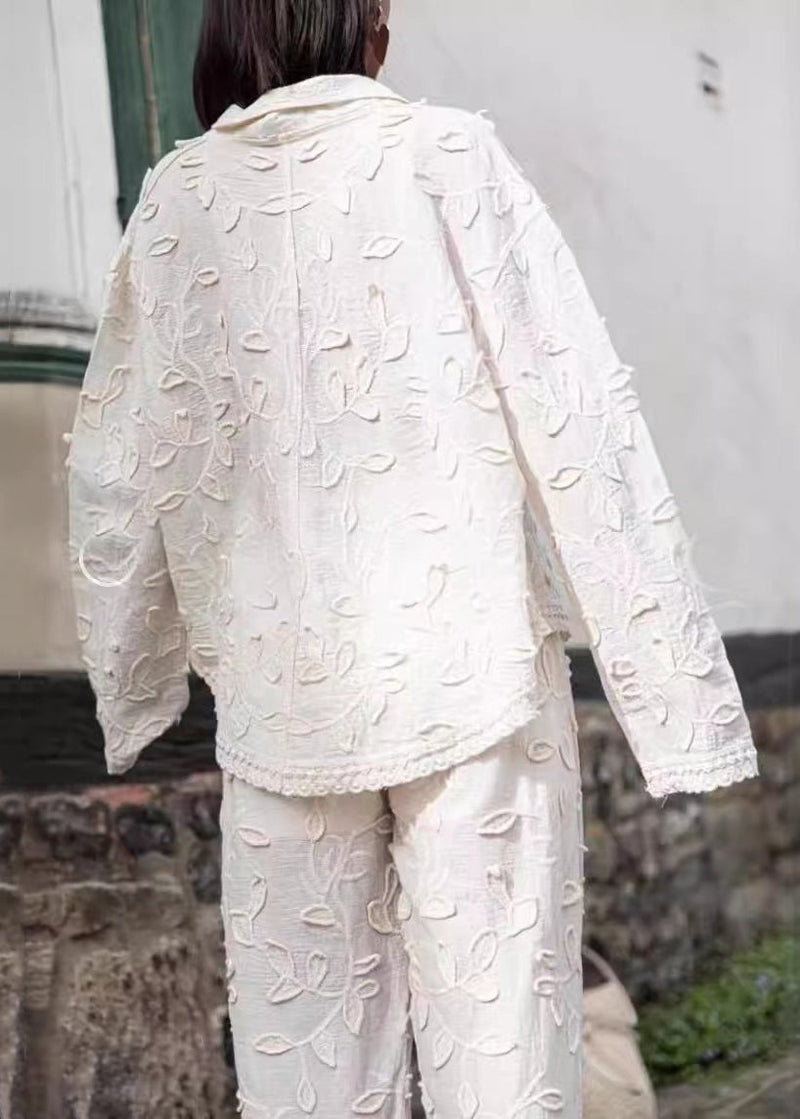 Jacquard White Button Cotton Shirts and Pants Sets 2 Pieces Long Sleeve