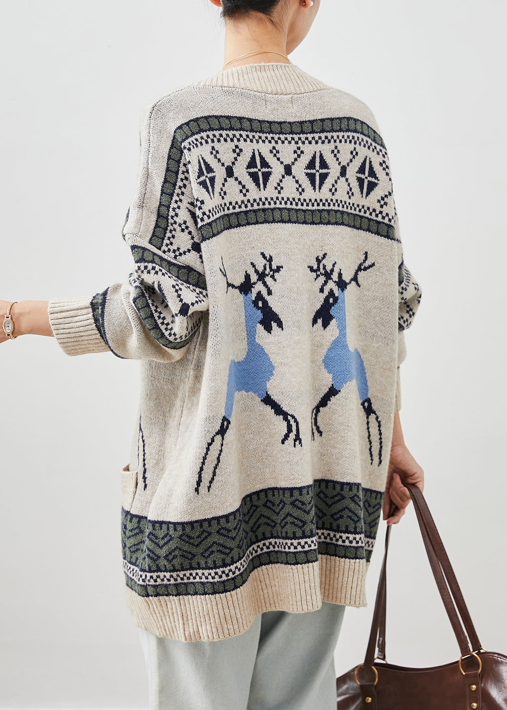 Khaki Oversized Print Knit Cardigans Winter