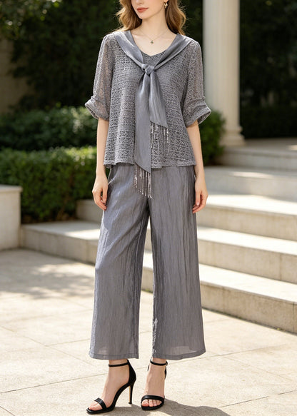 Grey Tasseled Hollow Out Knit Two Pieces Set Summer