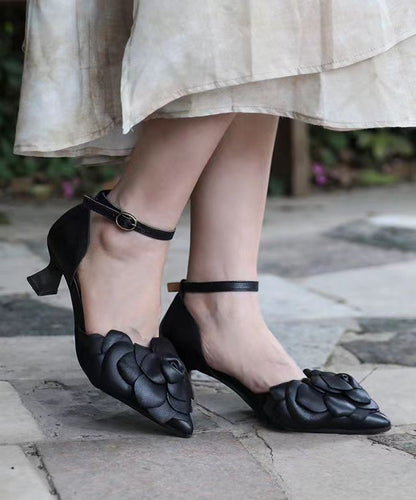 Boutique Black High Heel Cowhide Leather Sandals Buckle Strap