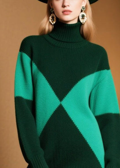Boutique Tea Green Turtle Neck Patchwork Sweater Dress Winter