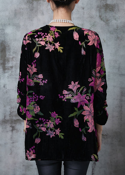 Black Print Chinese Button Silk Velour Shirt Fall