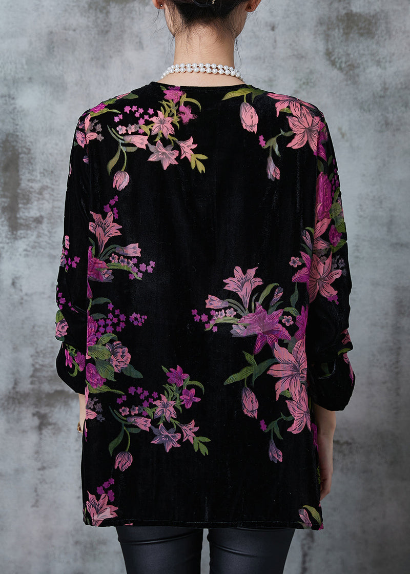 Black Print Chinese Button Silk Velour Shirt Fall