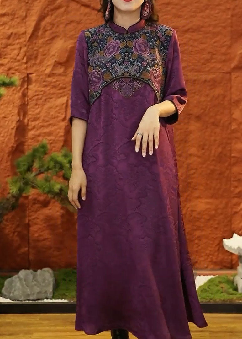 Diy Purple Mandarin Collar Patchwork Jacquard Silk Dresses Half Sleeve