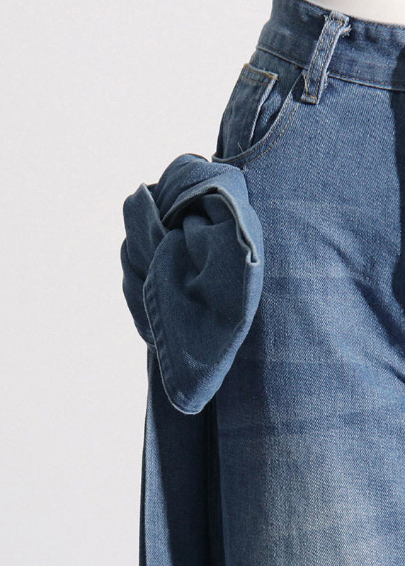 Blue Pockets Patchwork Bow Straight Jeans Summer