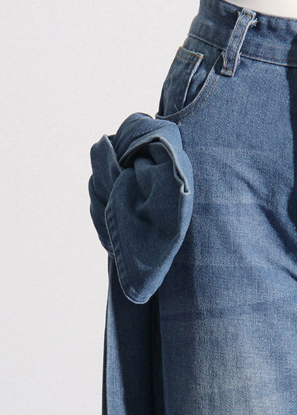 Blue Pockets Patchwork Bow Straight Jeans Summer