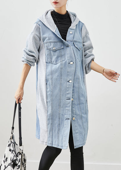 Blue Hooded Denim Patchwork Cotton Trench Fall