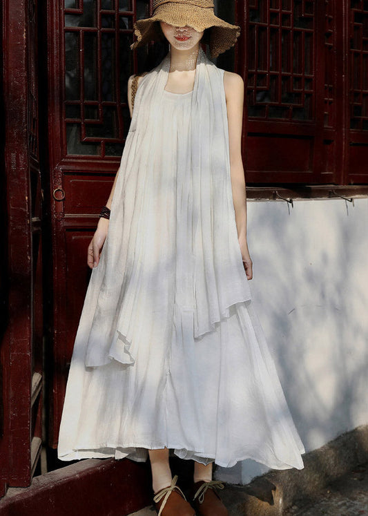 French White Wrinkled Linen Spaghetti Strap Dress and Shawl Two Pieces Set Summer