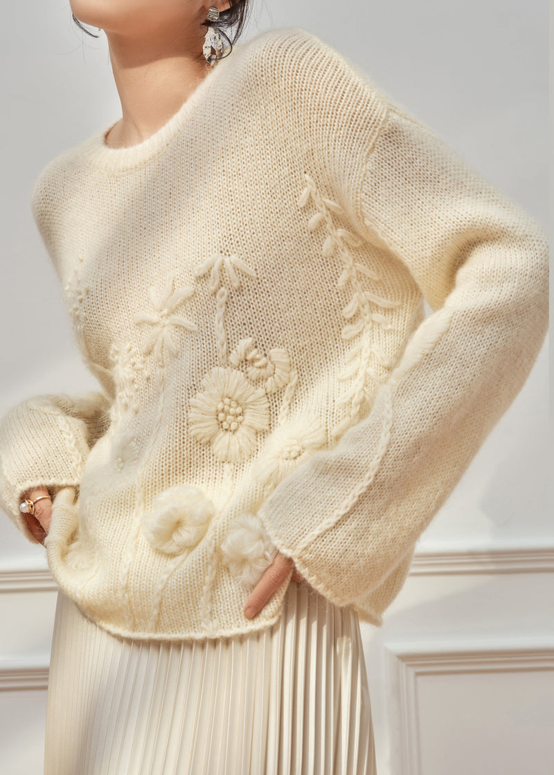 Handmade Beige O Neck Cozy Knit Sweater Tops Fall