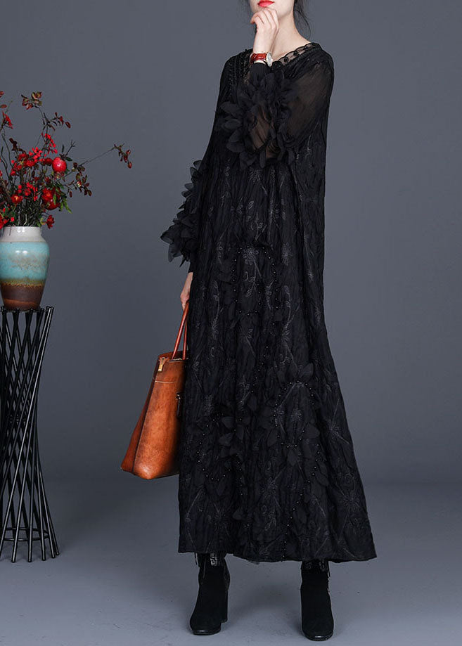 Black V Neck Wrinkled Nail Bead Fall Long Dresses