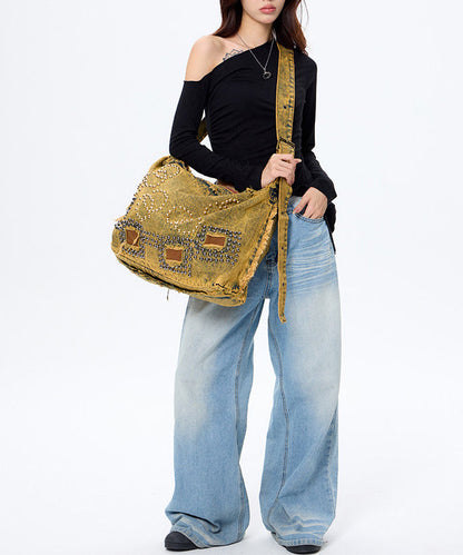 Brown Rivet Large Capacity Applique Denim Messenger Bag