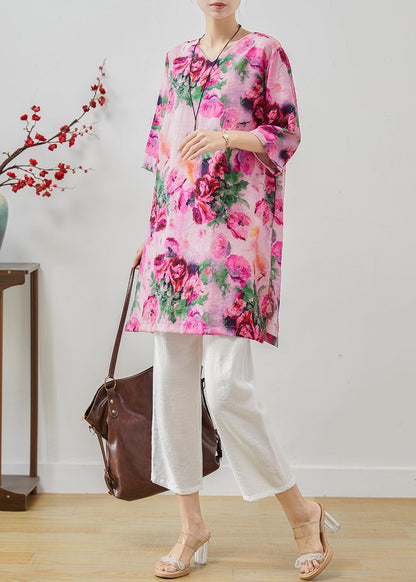Rose Oversized Print Linen Two Pieces Set Summer