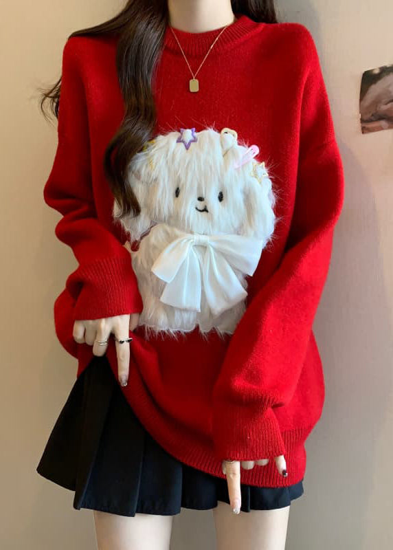 Red O Neck Dogs Loose Knit Sweaters Spring