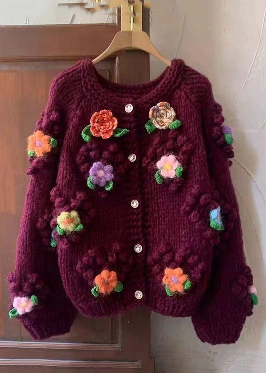 Red O Neck Button Cozy Cotton Knit Coats Long Sleeve