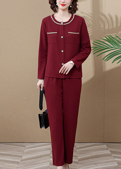 Wine Red O-neck Butto Cardigans and Wide Leg Pants Two Pieces Set Long Sleeve