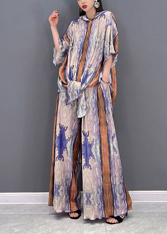 Colorblock Hooded Side Open Print Tops and Wide Leg Pants Two-piece Set Spring