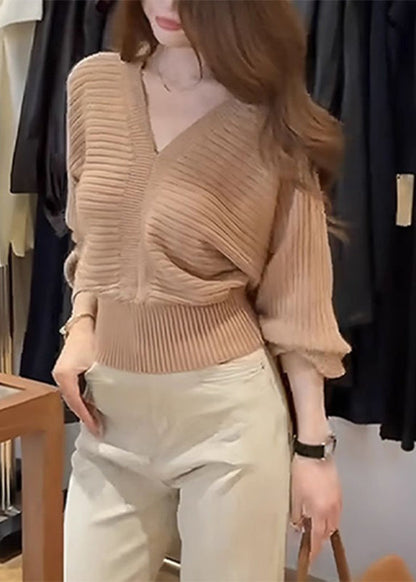 Khaki V Neck Patchwork Cozy Cotton Knit Sweater Fall