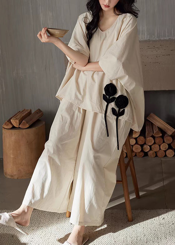 Apricot V Neck Patchwork Cotton Two Pieces Set Bracelet Sleeve