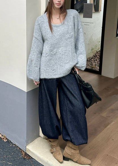 Grey Jacquard Thic Knit Sweater Tops Winter