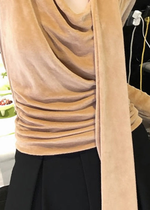 Italian Khaki Bow Silk Velour T Shirts Winter