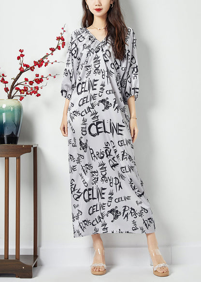 White V Neck Letter Print Wrinkled Chiffon Long Dress Batwing Sleeve