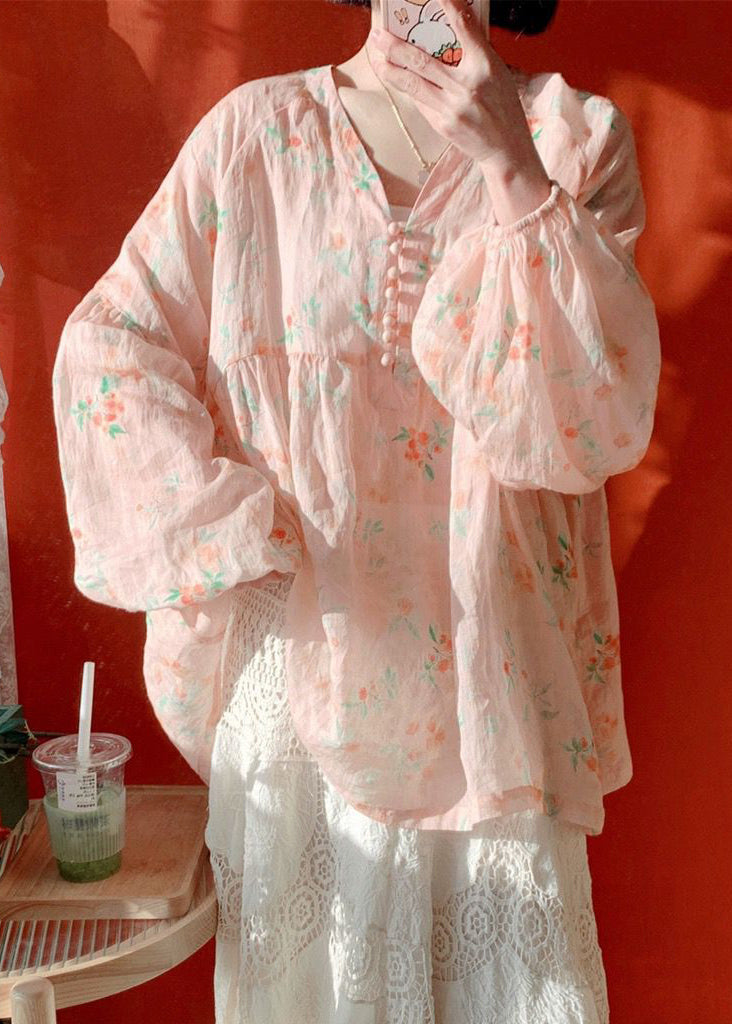 Pink Button Print Cotton Blouse Lantern Sleeve