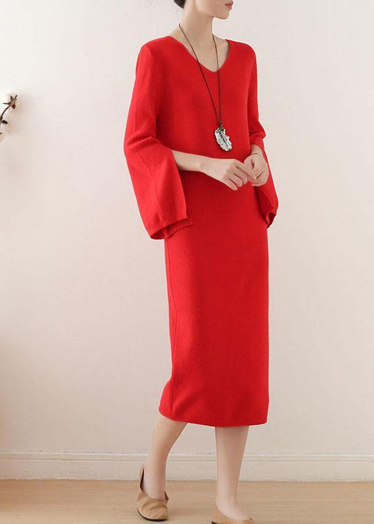 Simple Red V Neck Slim Fit Knitwear Dress